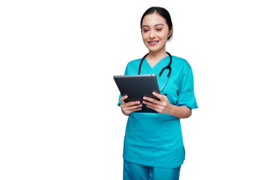 Beautiful nursing students check patient data on tablets isolated transparent