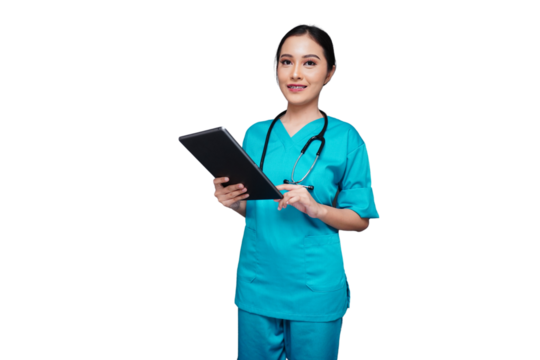 Young female nurse carrying tablets to record patients isolated transparent