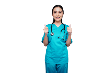Beautiful nursing student gives a thumbs up gesture isolated transparent