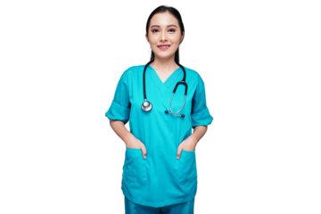 Beautiful young female nurse puts hands in pockets isolated transparent