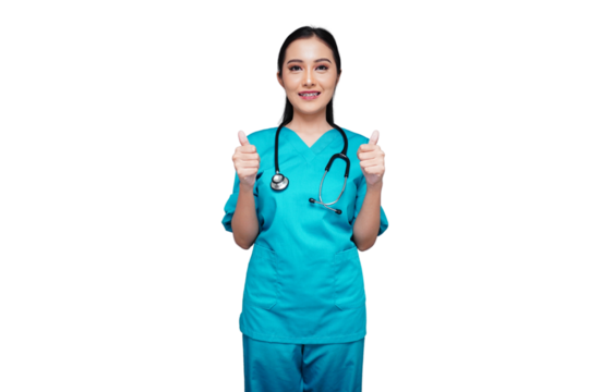 Beautiful nursing student gives a thumbs up gesture isolated transparent