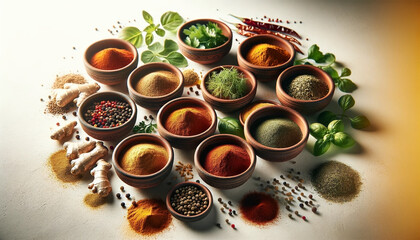 Obraz na płótnie Canvas A culinary of small terracotta bowls filled with different spices and herb - Generative AI