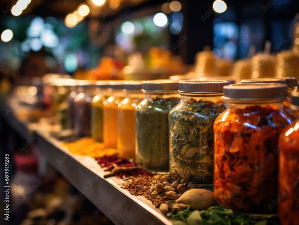 Poster jars of food are lined up on a table. generative ai.