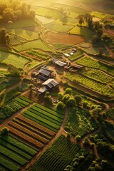 An aerial view of a farm and farm at sunset. Generative AI.