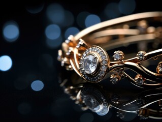 Golden bracelet with diamond on black background. Generative AI.
