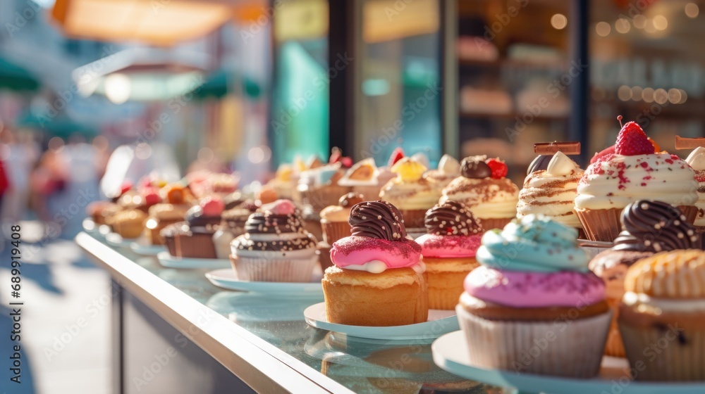 Poster cupcakes on display in a bakery. generative ai.