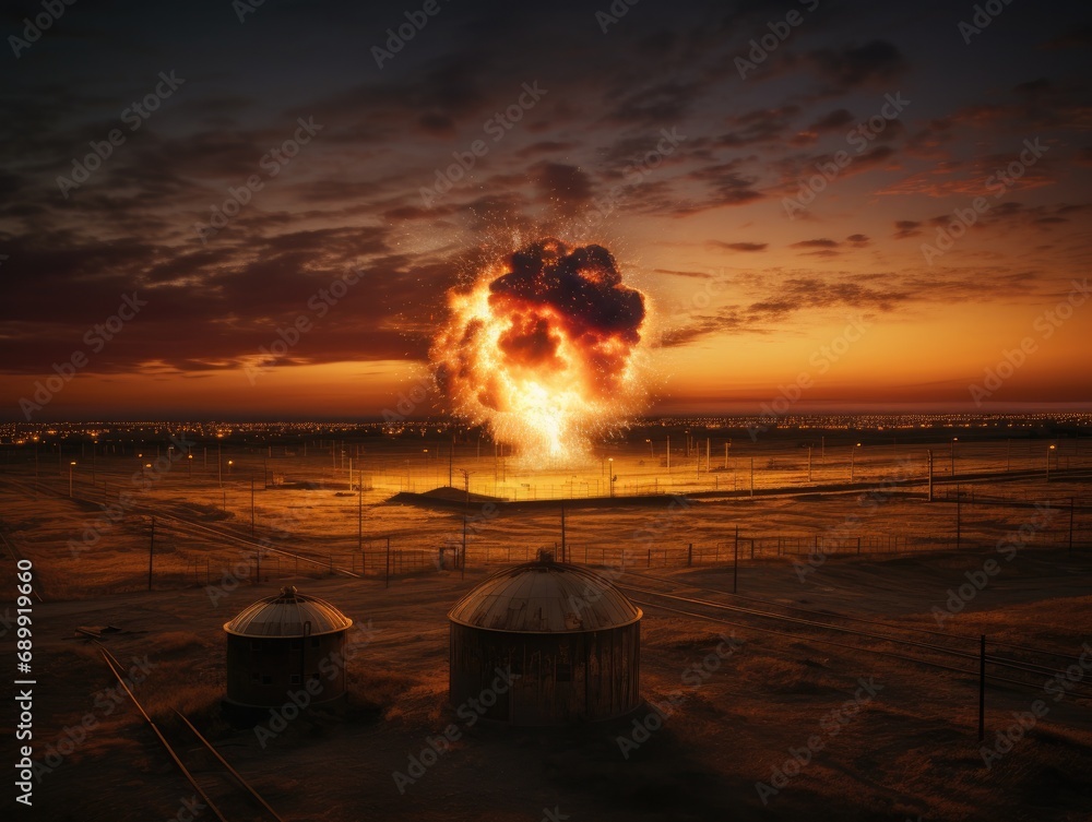 Poster a large explosion is seen in the sky. generative ai.