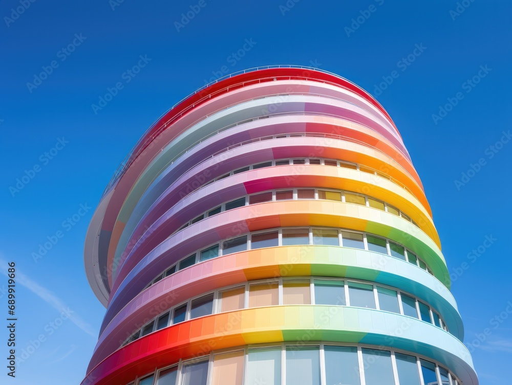 Poster a multicolored building with a blue sky in the background. generative ai.