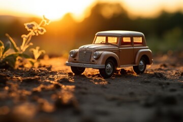 A toy car on a dirt field. Generative AI. - obrazy, fototapety, plakaty
