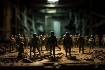 Fototapeta na wymiar A group of toy soldiers standing in a room. Generative AI.
