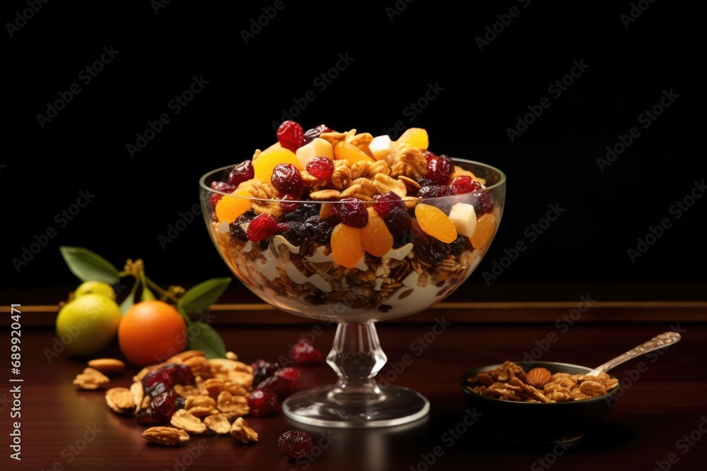 Poster A bowl of cereal with fruit and nuts on a table. Generative AI.
