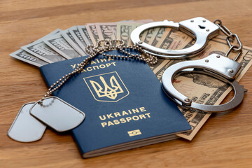 Ukrainian passport, military medallion and handcuffs on background of paper dollars. Concept:...
