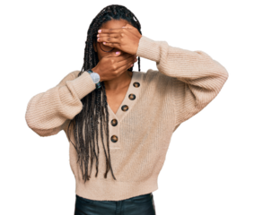 African american woman wearing casual clothes covering eyes and mouth with hands, surprised and shocked. hiding emotion