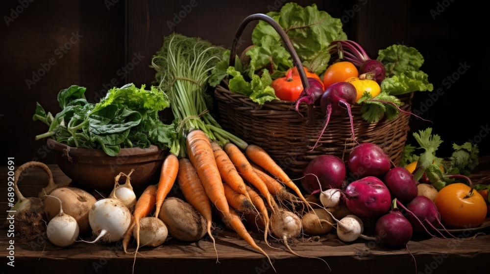 Poster a table topped with lots of different types of vegetables. generative ai.
