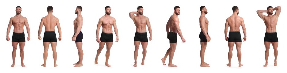 Handsome man in stylish black underwear on white background, set of photos - Powered by Adobe