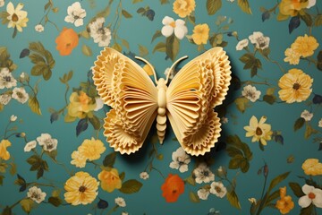 A butterfly made out of folded paper on a floral wallpaper. Generative AI.