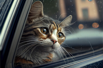 Cat happy with her head out of car window