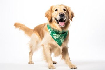 A dog wearing a green bandana standing in front of a white background. - obrazy, fototapety, plakaty