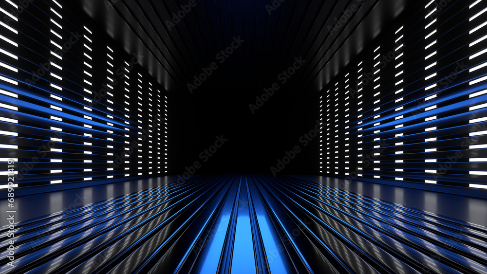 Poster Sci Fi neon glowing lines in a dark tunnel. Reflections on the floor and ceiling. 3d rendering image. Abstract glowing lines. Technology futuristic background.