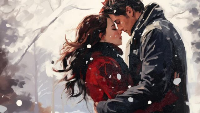 Winter, snow, love, man and woman A man and a woman kissing in the snow. Imaginary AI picture. - Seamless loop animation, created using AI Generative Technology