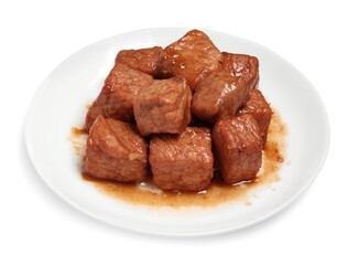 Plate with delicious cooked beef isolated on white. Tasty goulash