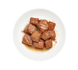Plate with delicious cooked beef isolated on white, top view. Tasty goulash