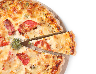 Tasty quiche with tomatoes and cheese isolated on white, top view