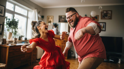 A man and a woman dancing in a living room.