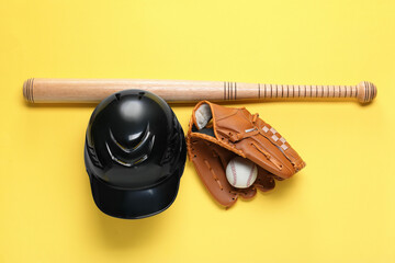 Baseball glove, bat, ball and batting helmet on yellow background, flat lay - obrazy, fototapety, plakaty