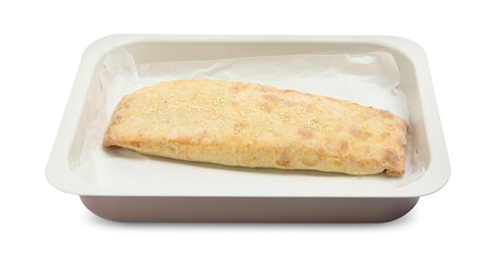 Delicious strudel with tasty filling isolated on white