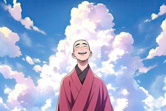 happy young tibetan monk in clouds, illustration, cartoon style