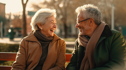 A man and a woman sitting on a bench laughing.