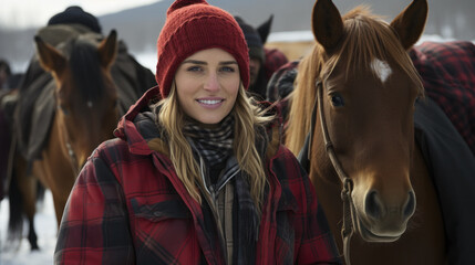 Obraz premium Cowgirl with her horse at sunset