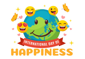 World Happiness Day Celebration Vector Illustration with on 20 March Smiling Face Expression and Yellow Background in Flat Cartoon Design