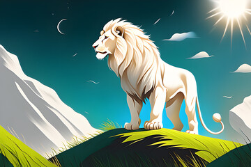 Obraz na płótnie Canvas draw-a-white-lion-looking-up-at-the-clear-sky-on-a-hill-where-fresh-grass-grows-222390944