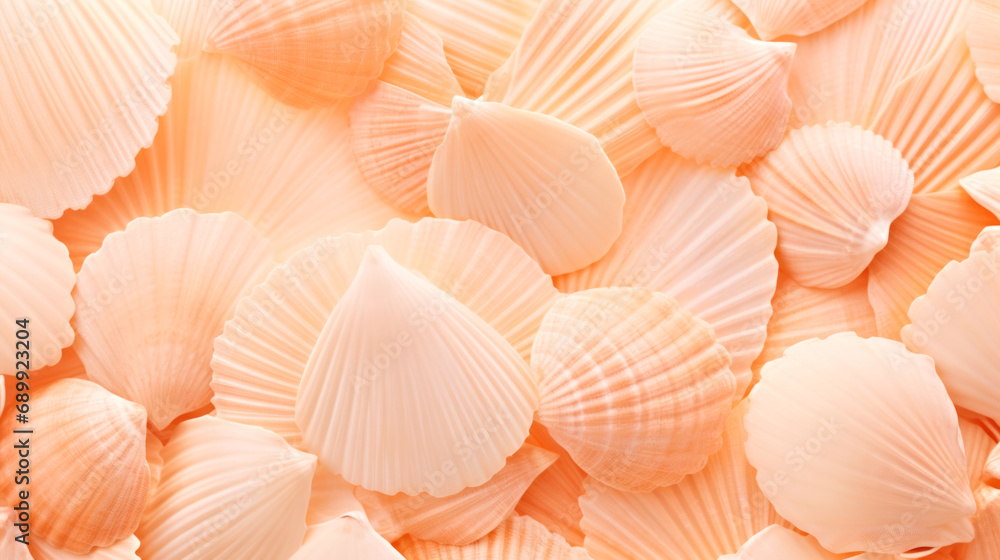 Poster a close up of a bunch of shells. monochrome peach fuzz background.