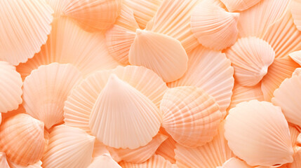 A close up of a bunch of shells. Monochrome peach fuzz background. - Powered by Adobe