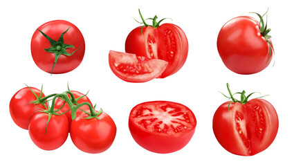 Whole and cut ripe tomatoes isolated on white, set