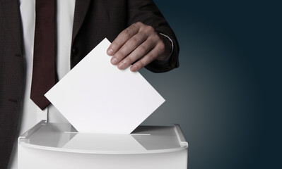 Man putting his vote into ballot box on gradient color background, closeup. Banner design with space for text