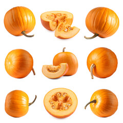 Whole and cut fresh ripe pumpkins isolated on white, set