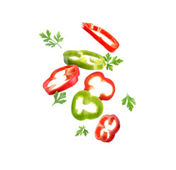 Fresh parsley and slices of bell pepper flying on white background