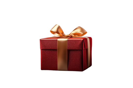 Red gift box tied with gold ribbon isolated