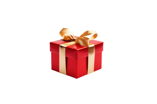 Red gift box tied with gold ribbon isolated