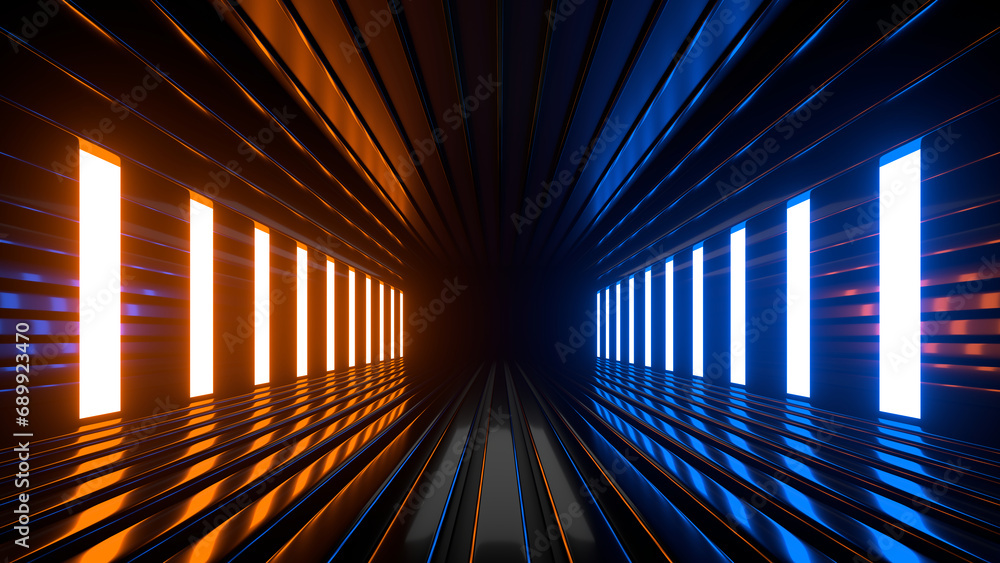 Poster sci fi neon glowing lines in a dark tunnel. reflections on the floor and ceiling. 3d rendering image
