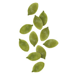 Peeled pumpkin seeds falling on white background