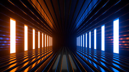 Naklejka premium Sci Fi neon glowing lines in a dark tunnel. Reflections on the floor and ceiling. 3d rendering image. Abstract glowing lines. Technology futuristic background.