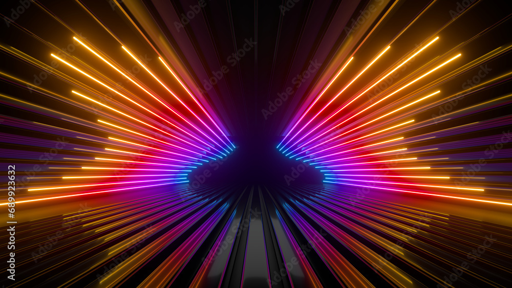 Poster sci fi neon glowing lines in a dark tunnel. reflections on the floor and ceiling. 3d rendering image