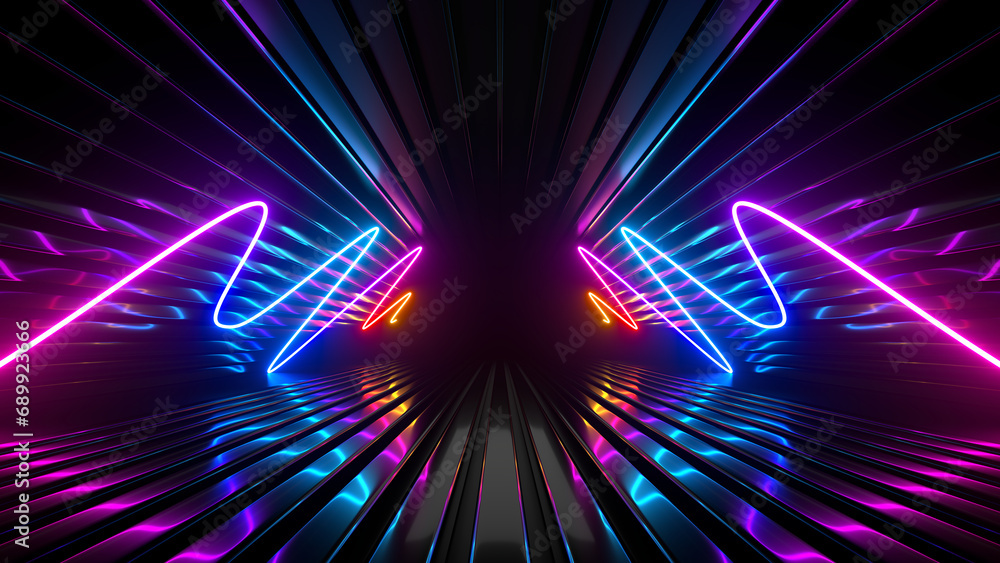 Poster sci fi neon glowing lines in a dark tunnel. reflections on the floor and ceiling. 3d rendering image