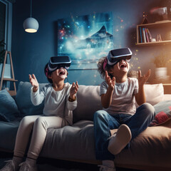Young children, sitting on a couch wearing 
virtual reality headsets and playing a video game