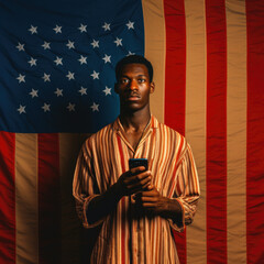 African American portrait of a man holding a smart phone in front of an American flag